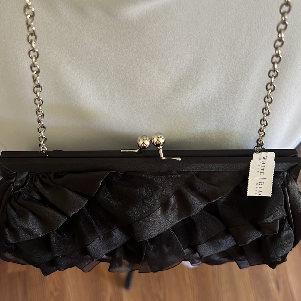 NWT: White House Black Market Ruffle Clutch Evening Bag, 21” silver chain, satin - Picture 5 of 8